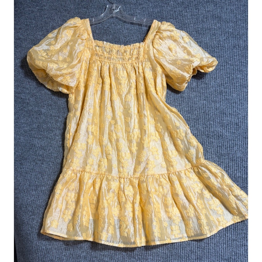 Moon River Yellow Floral Jacquard Puff Sleeve Babydoll Mini Dress Small Summer